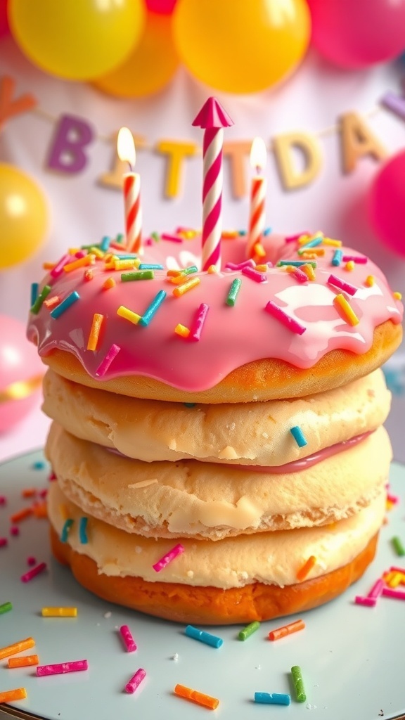Birthday Donut Cake Recipe A colorful birthday donut cake with glaze and sprinkles, set in a festive birthday environment.